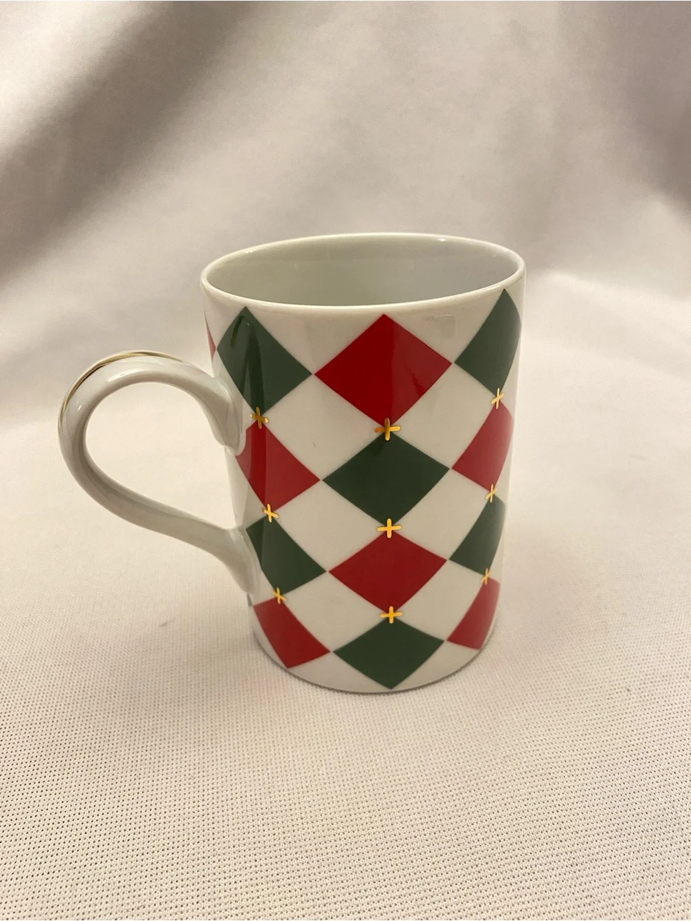 Vintage Harlequin Williams Sonoma Red Green Gold White Diamond Holiday Mug Japan